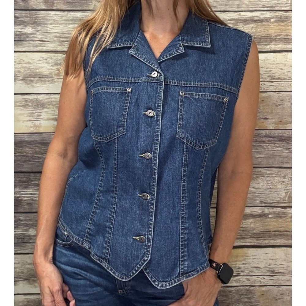Vintage 90s Momcore Liz Claiborne Denim Vest L Large Blue Sleeveless Button Top